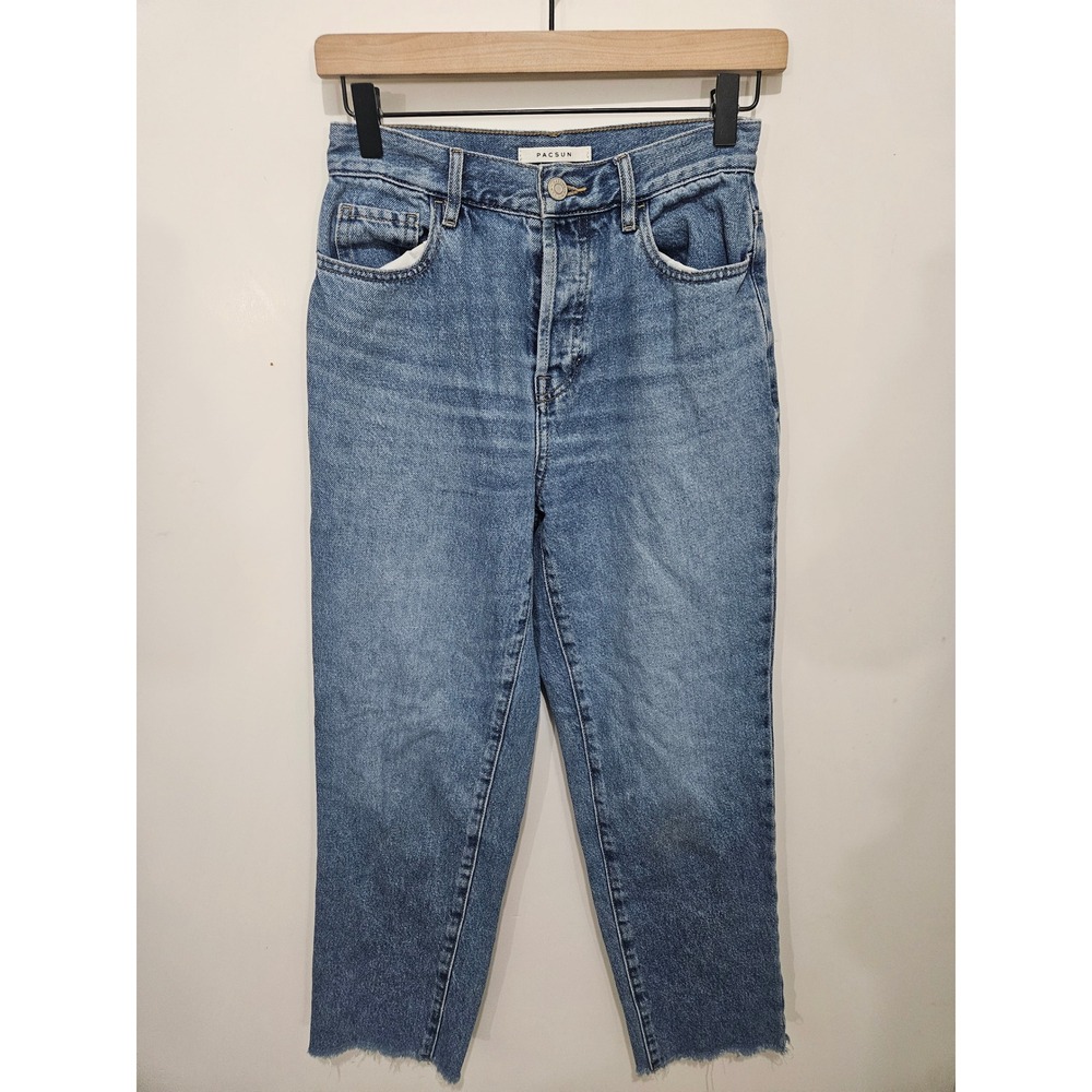 PacSun High Rise Straight Leg Jeans Blue Raw Hem Size 25 High Waisted Denim